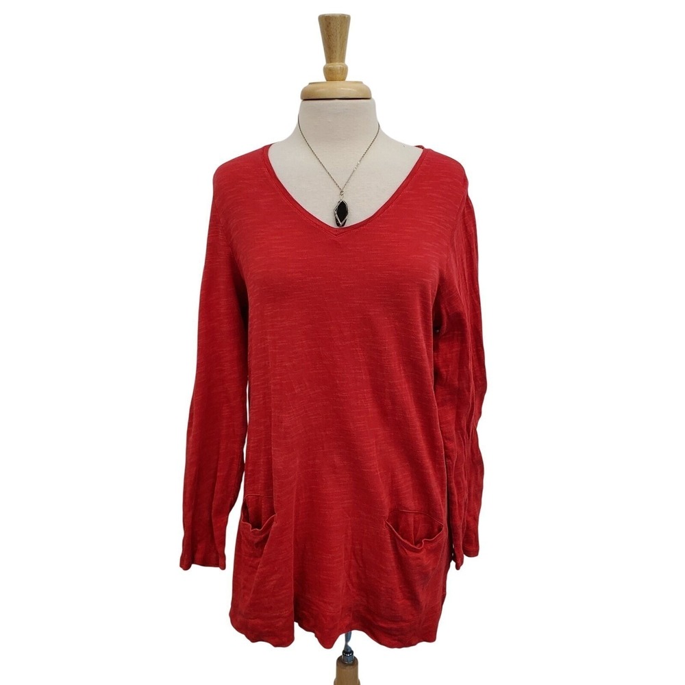 J Jill Womens M Red V-Neck Tunic Top Long Sleeve Cotton Pocket Casual Shirt